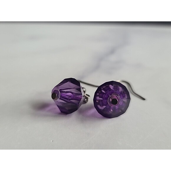 Silver Tone Metal Purple Beaded Dangling Pierced Earrings Vintage - Picture 8 of 10